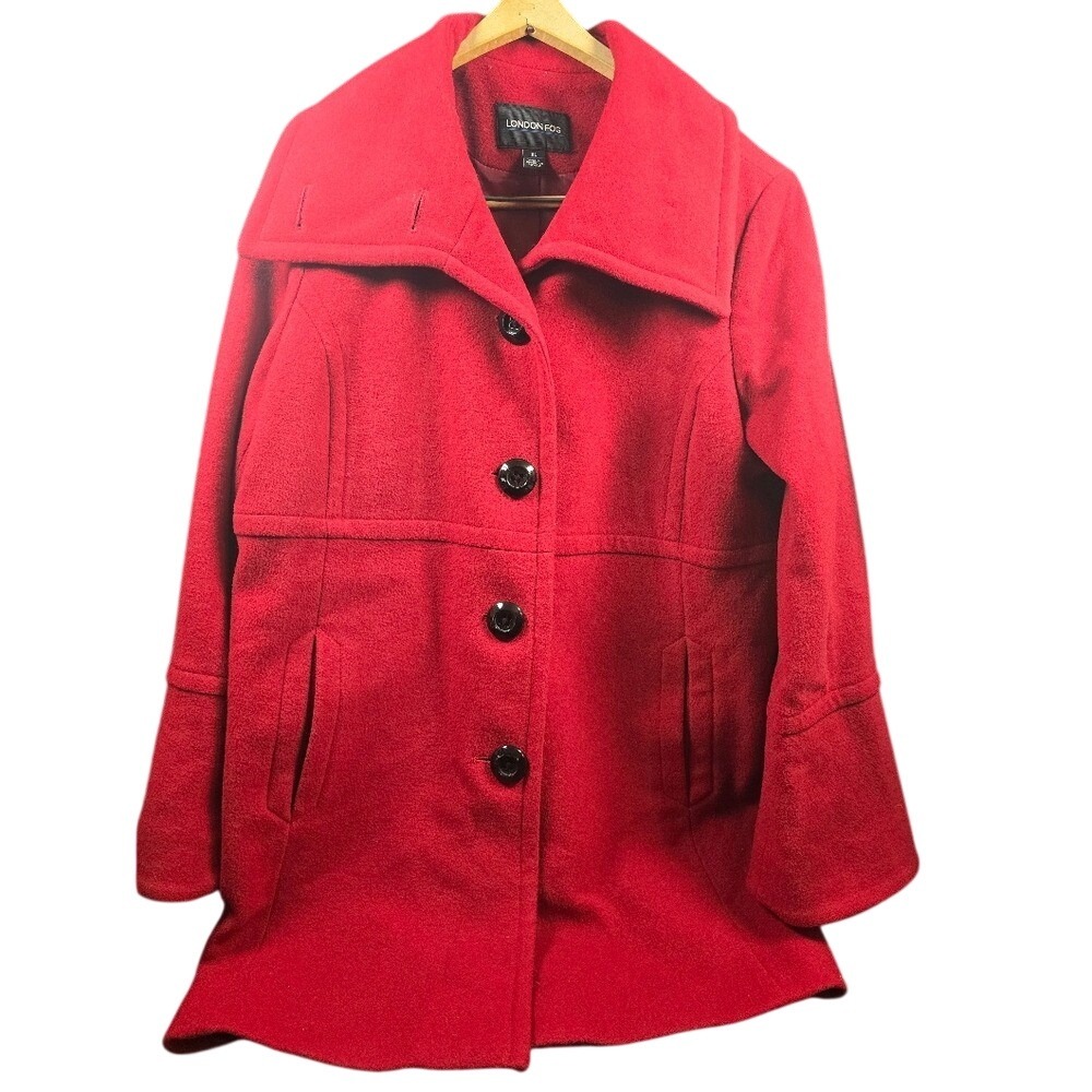 London‎ Fog Womens Red Wool Blend Funnel Neck Button Front Coat Jacket XL